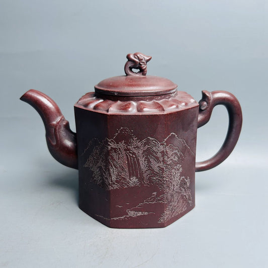 Vintage Chinese Yixing Purple Clay Teapot Zisha Ceremony Carving Collectible Art