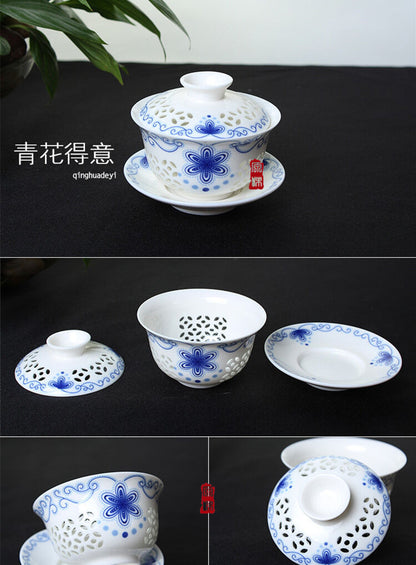 Gaiwan Tea set porcelain gaiwan floral print tureen hollow-out design cup bowl