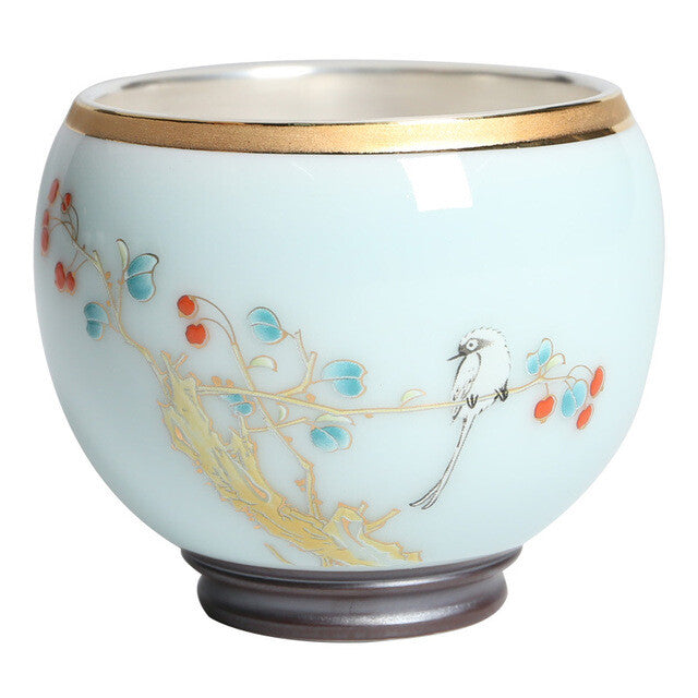 999 Silver gilt tea bowl Ru Kiln Antique Tea Cup Chinese kungfu master tea cup