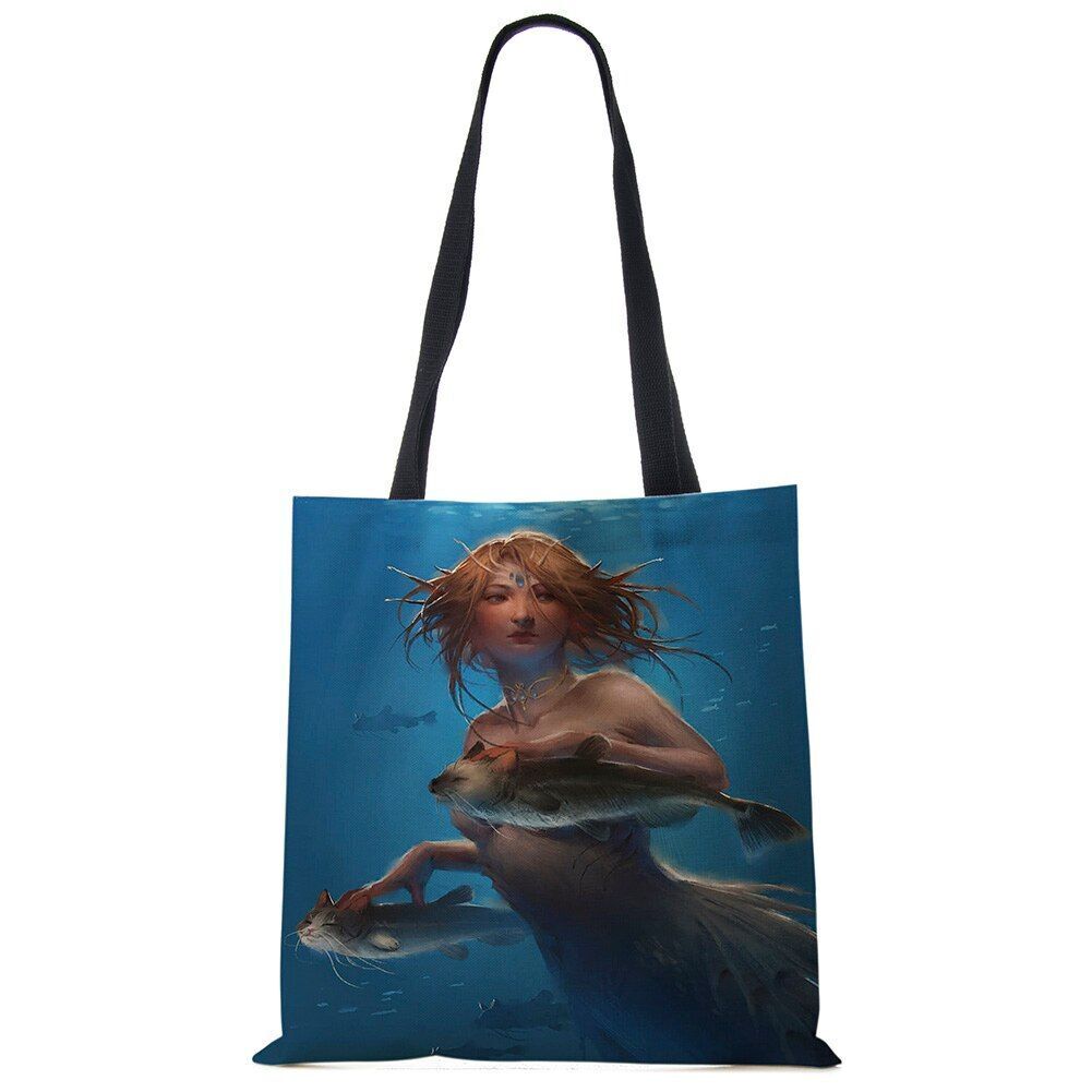 Mermaid Print Shoulder Bag Women Shopping Reusable Bags Large Travel Beach Bags