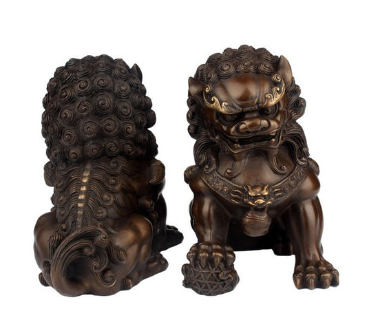 Pair Brass Lion Statue Chinese Classical Guardian Door Fu Foo Feng Shui Decor