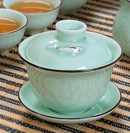Carp / Golden Fish Relief Chinese Porcelain Tea Bowl Tea Service Cup Bowl Saucer