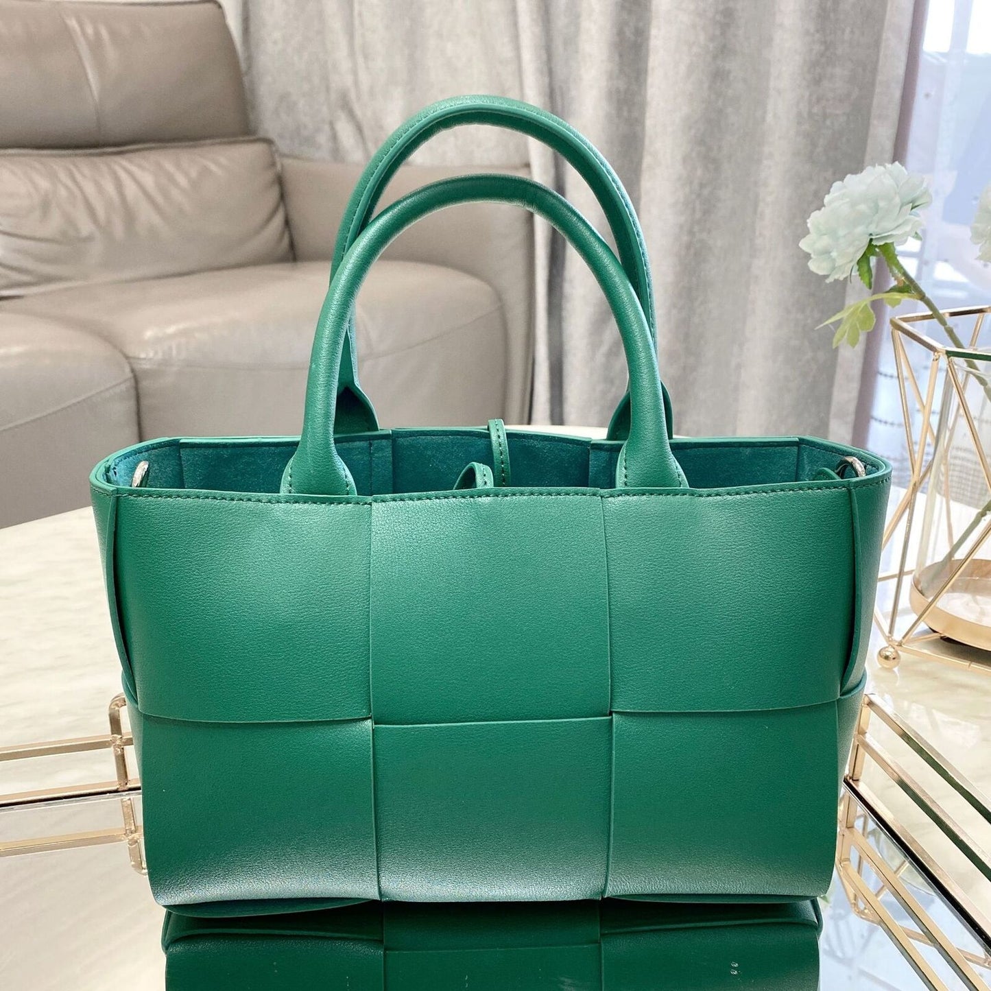 Small Woven Real Leather Tote Handbag Fashion Purse Shoulder Bag w/ Long Strap
