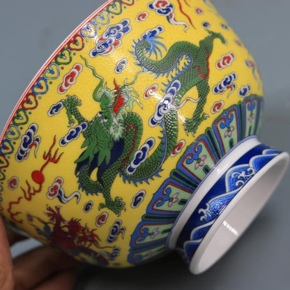 Chinese Qing Famille Rose Porcelain Yellow Ground Dragon Bowl Collect