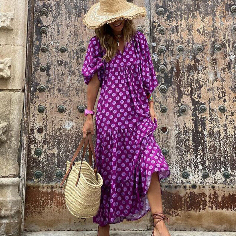 Women 3/4 Sleeve Maxi Dress Baggy Tunic V Neck Dresses Printed Boho Party Beach