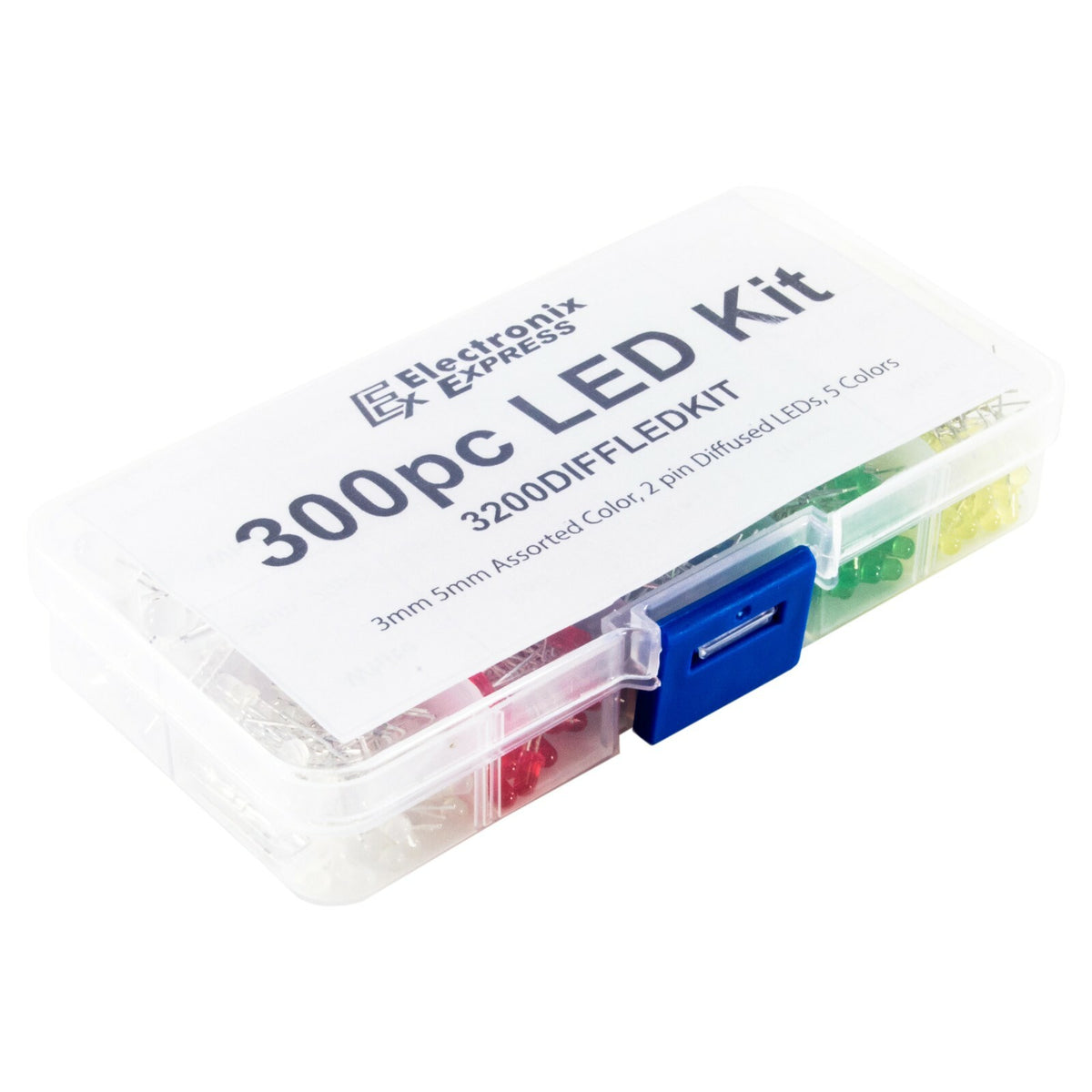 300 Piece Diffused Lens LEDs, 3mm & 5mm, Colors: White, Red, Blue, Green, Yellow