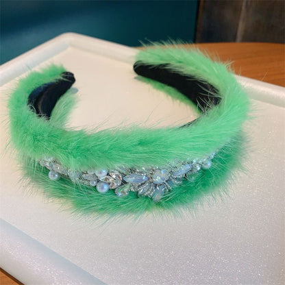 Women Headband Luxurious Faux Fur Crystal Hairband Casual Adult Hair Accessories