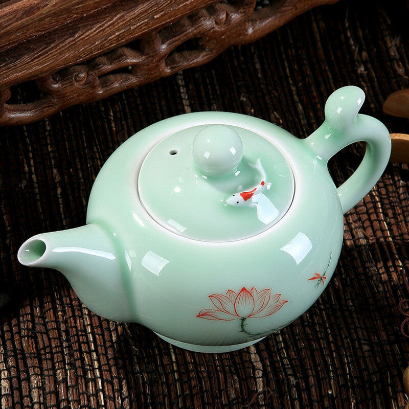 Longquan Celadon Tea Pot Handpainted Floral Ceramic Pot 7 Infuser Holes 220ml