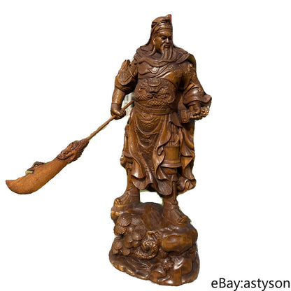 Chinese Natural Boxwood Hand Carved Exquisite Guan Yu Statue