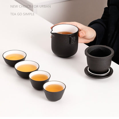Car Travel Tea Set Ceramic Outdoor Tea Pot Four Tea Cups Filter Net Portable Bag