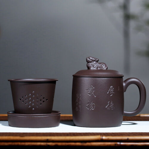 Authentic Yixing Zisha Tea Cup with Infuser Cup Lid Handle Holder Handmade Carve