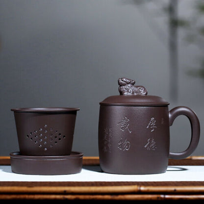Authentic Yixing Zisha Tea Cup with Infuser Cup Lid Handle Holder Handmade Carve