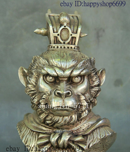 9" Chinese Silver Famous Xiyouji Monkey King Sun Wukong Wu Kong Head Bust Statue