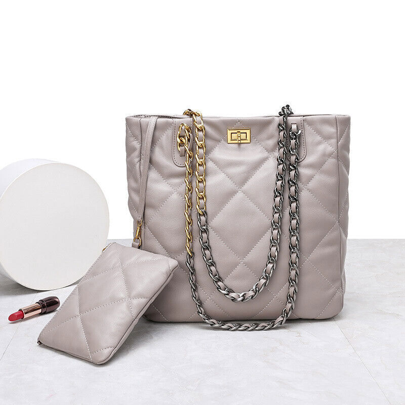 Quilted Sheepskin Leather Tote Shoulder Bag Purse Chain Handles Handbag Fashion-