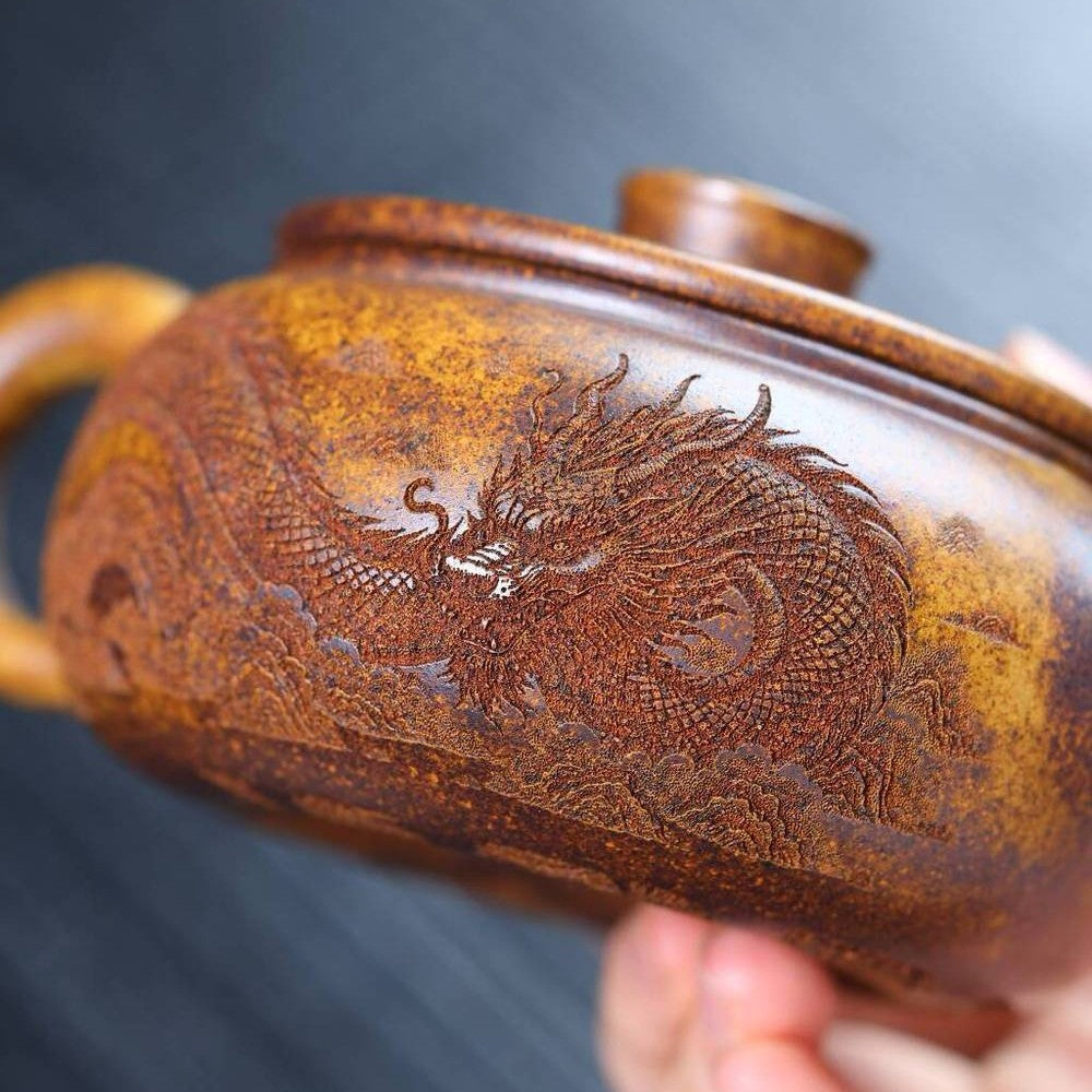 Yixing Zisha Teapot Dragon Tiger Carved Longgu Jinsa Clay 300ml Tea Pot