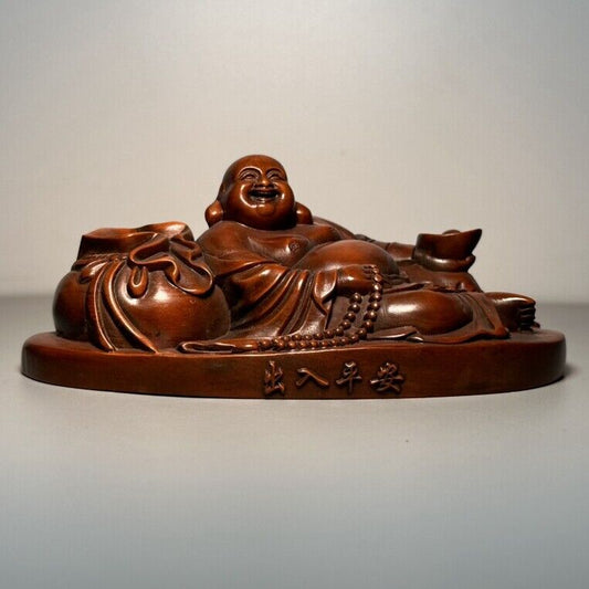 Vintage Chinese Boxwood Carving Laughing Buddha Statue Wooden Figurine Decor Art