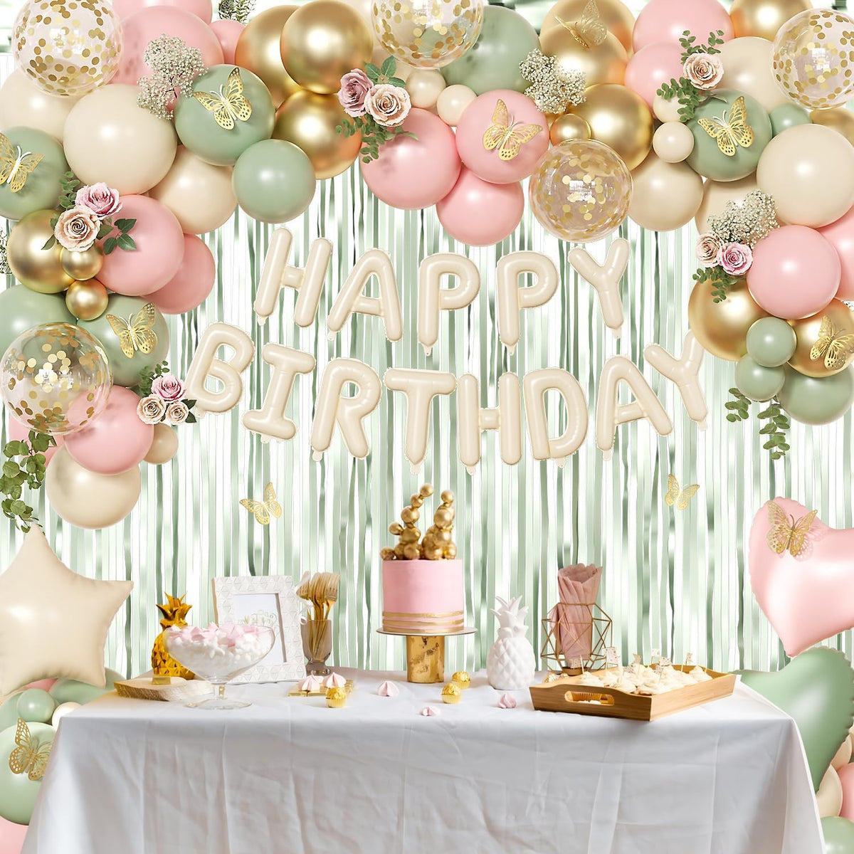 Pink and Sage Green Birthday Decorations, Pink Green Sand White Metallic Gold Fo