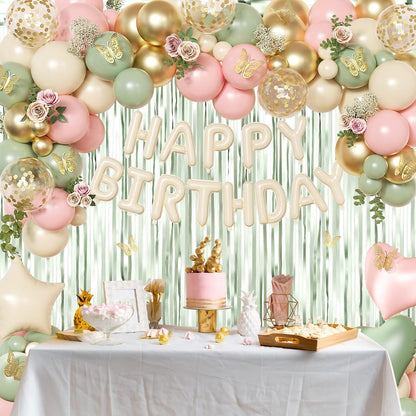 Pink and Sage Green Birthday Decorations, Pink Green Sand White Metallic Gold Fo