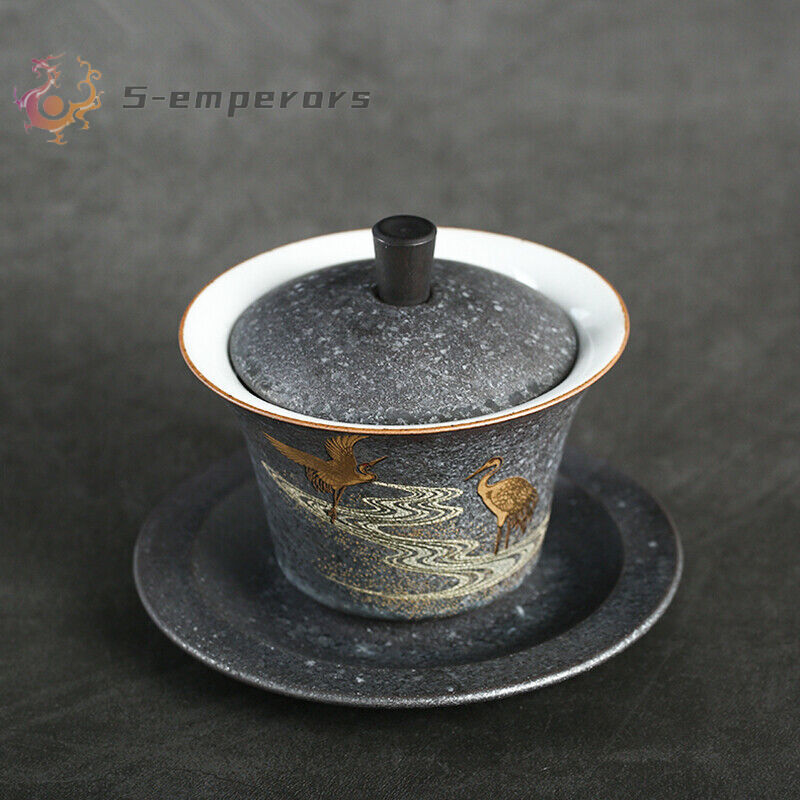 Antique Style Porcelain Gaiwan Handmade Crane Relief Tureen Cup Bowl Set Saucer