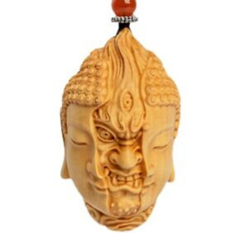 Boxwood Carved Buddha Devil Head Pendant Wooden Sculpture Statue Decor