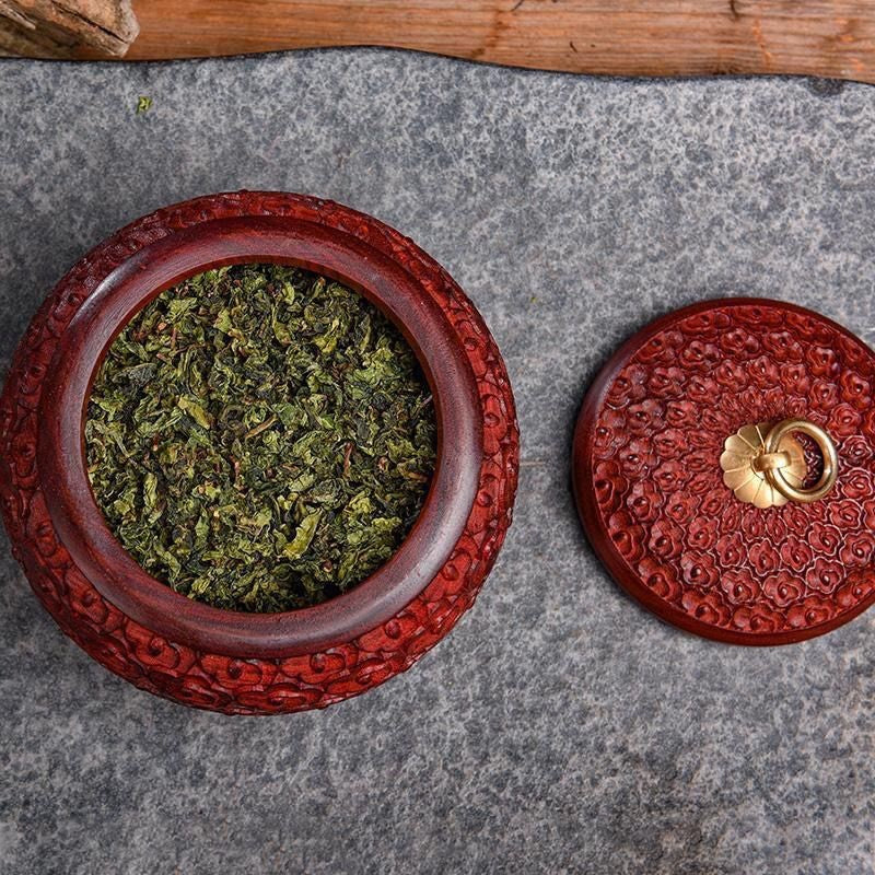 Red Sandalwood Tea Caddy 5.51×4.33in Fish Scale Carved Moistureproof Wood Jar