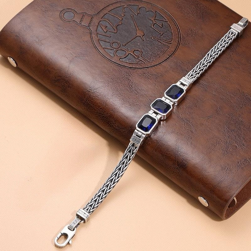 Vintage Braided Men's Bracelet 22cm Blue Gemstone Retro Cuff