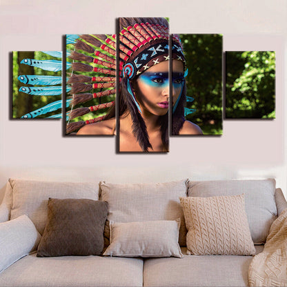 Indians Woman Headdress Feathers Canvas Prints Painting Wall Art Home Decor 5PCS