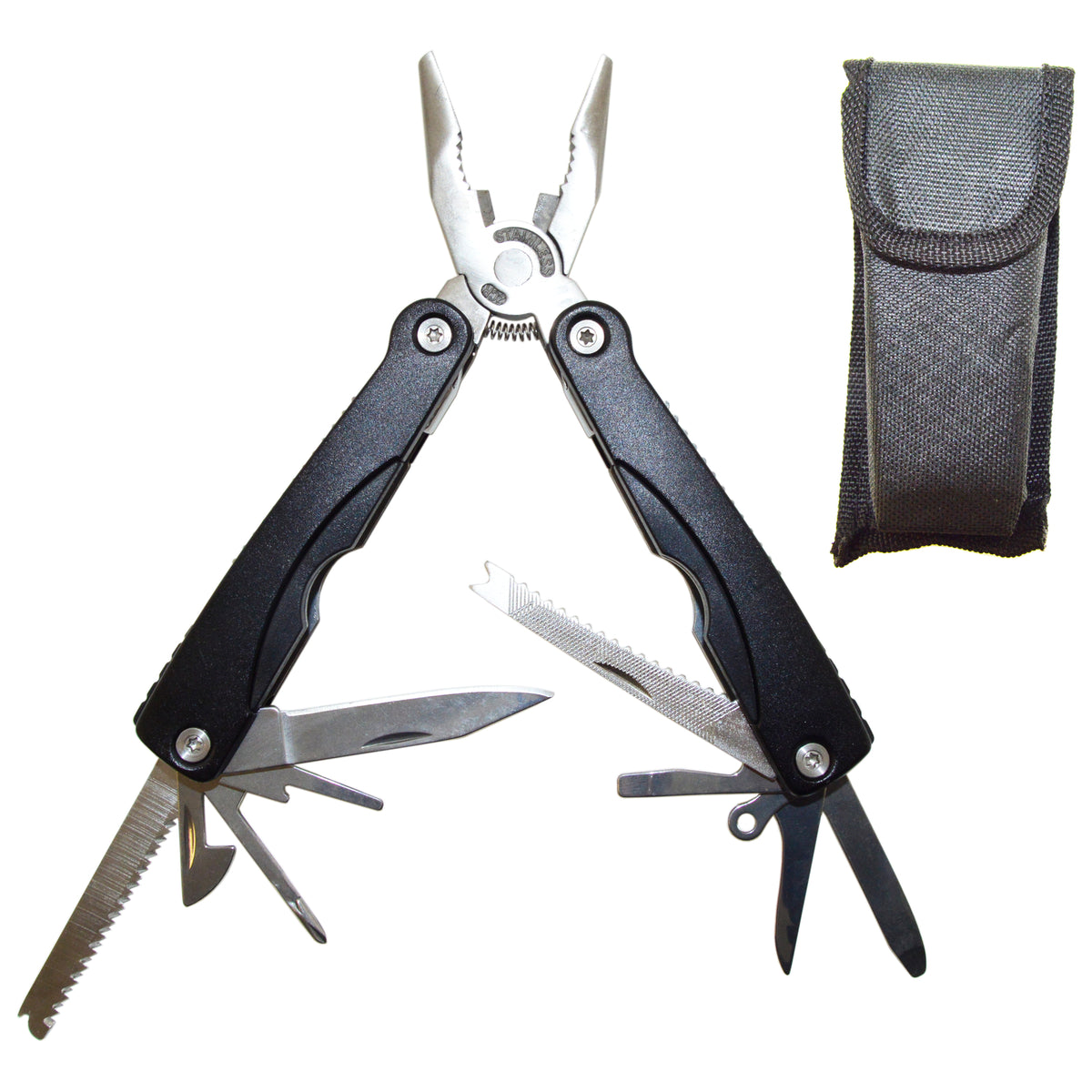 Stainless Steel Portable Multi-tool with 15 Components and Nylon Holster EDC