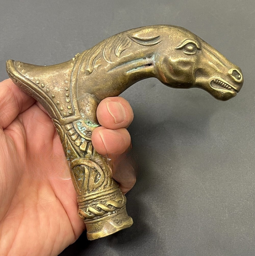 Brass Horse Head Statue Walking Stick Cane Handle Top Topper Hand Grip Collect