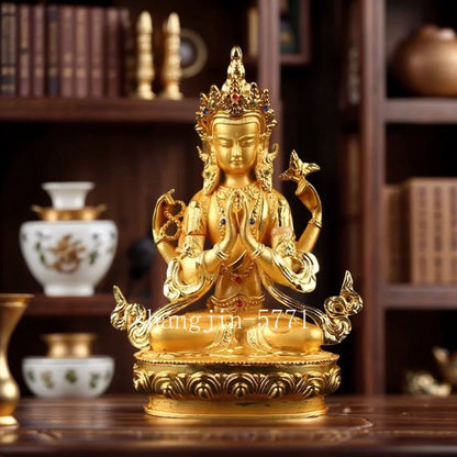 14cm Alloy Four-Arms Avalokitesvara Bodhisattva Tibetan Buddha Statue Amulet