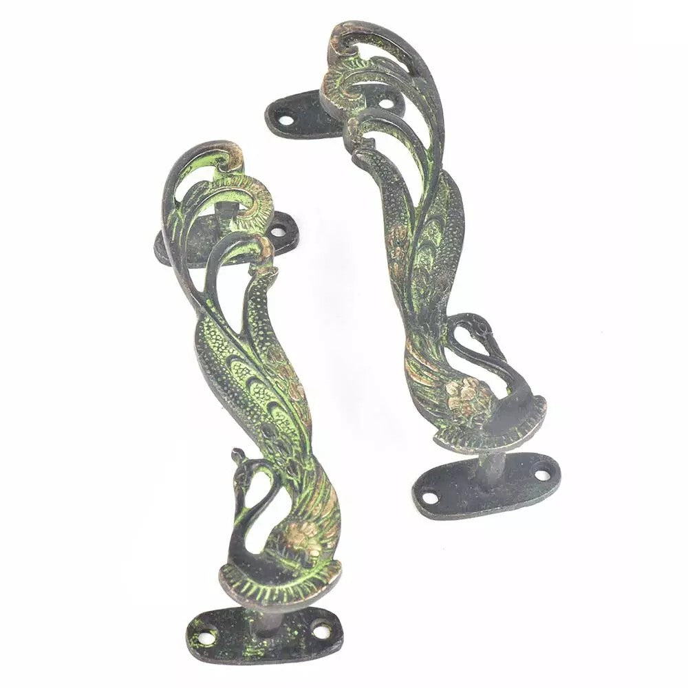 Set of 2 Antique Look Green Patina Brass Indian Peacock Door Handles