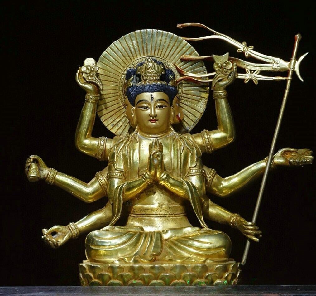 10.6'' Old Nepal Pure Bronze Gilt Painting 3 Head 8 Arm Namgyalma Buddha Statue