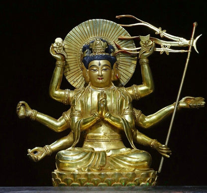 10.6'' Old Nepal Pure Bronze Gilt Painting 3 Head 8 Arm Namgyalma Buddha Statue