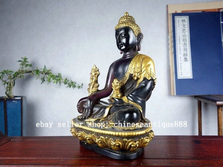 5" Old Purple Colored Glaze Gilt Menla Medicine Shakyamuni Buddha Lotus Statue