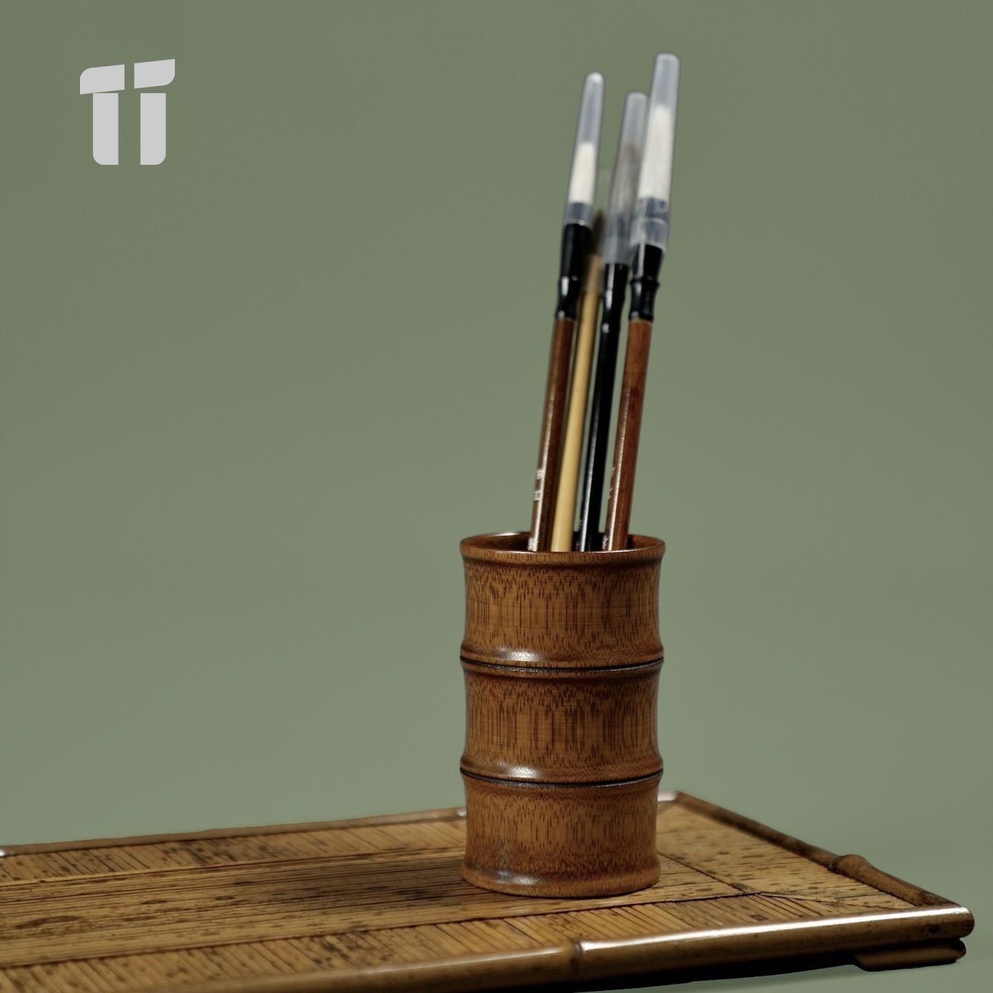Vintage Bamboo Tea Canister 3-Bamboo Segment Brush Holder Desk Organizer 7cm