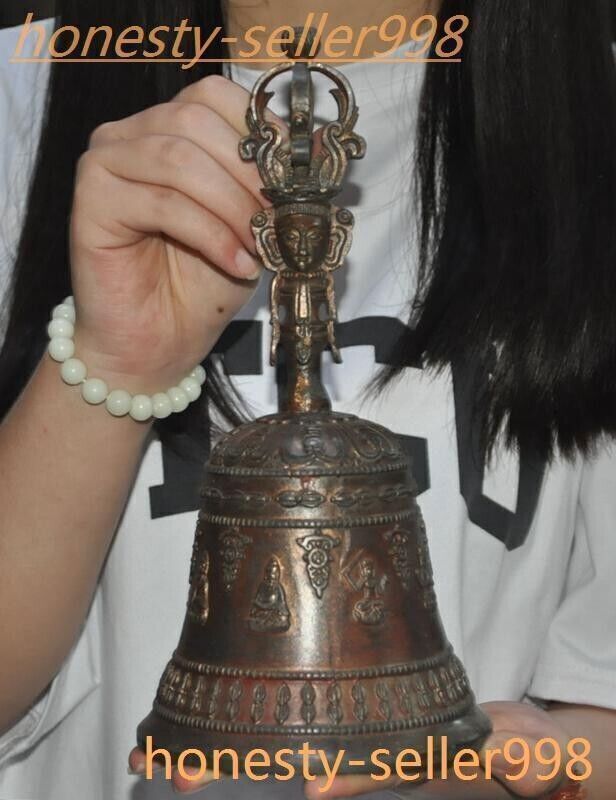 10"Ancient Tibet Temple Bronze Gilt Tara Statue Exorcism Bell Chung Chimes Clock