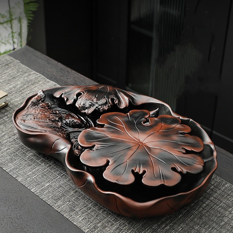 Ceramic Tea Tray Water Reservoir Holder For Tea Set Lotus Design Purple Pottery