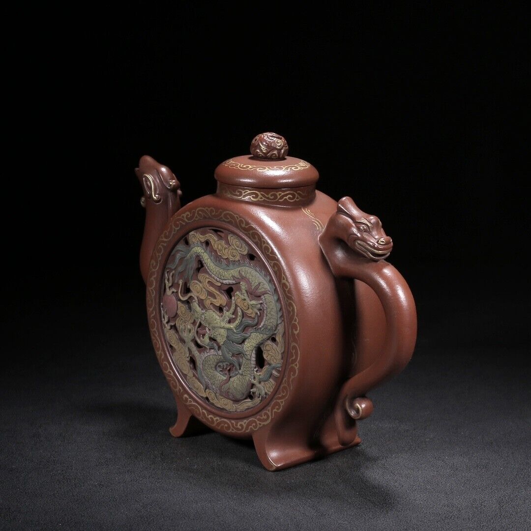 Chinese Yixing Zisha Clay Handmade Exquisite Teapot （龙凤呈祥（描金） 底款：陈鸣远）