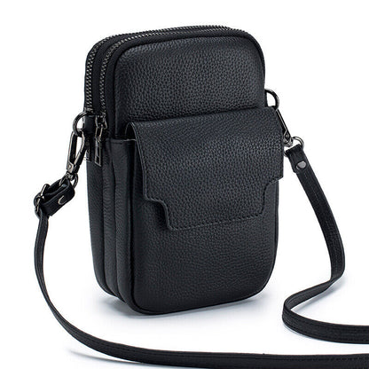 Women's Genuine Leather Double-Layer Zipper Phone BagShoulder Bag Crossbody Bag