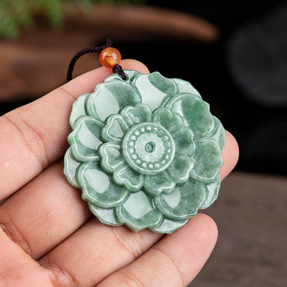 Burmese Natural Jade Lotus Pendant Jewelry Necklace Jadeite Green Emerald