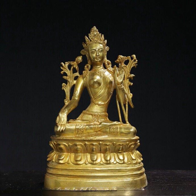 9.8'' Old Tibet Buddhism Bronze Gilt White Tara Bodhisattva Buddha Statue