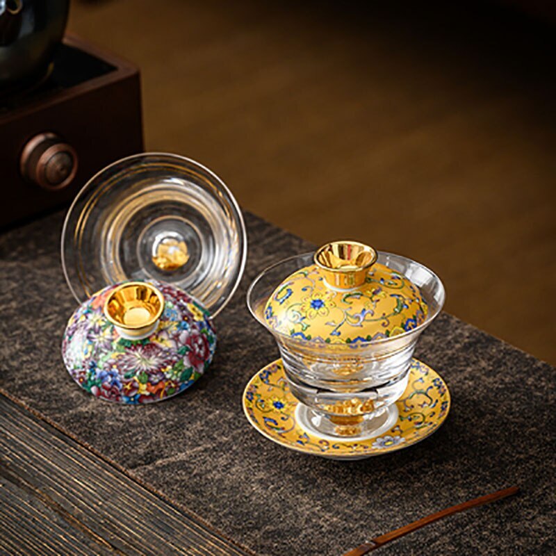 Tea Bowl Thickened Glass Tureen Tea Cover Bowl Lid Sancai Gaiwan Hand Painted