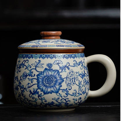 Ceramic Tea Cup With Handle Lid Blue-and-white Porcelain Office Mug Ruyao Craft