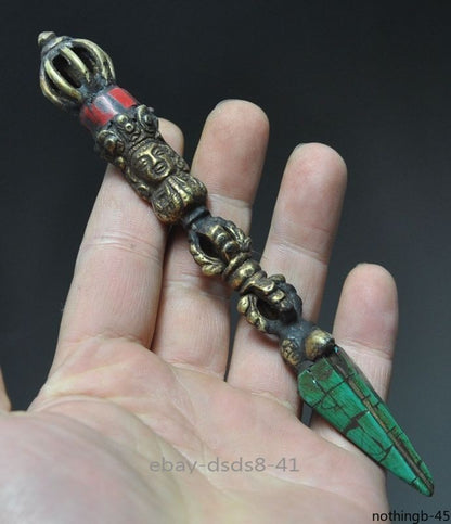 Ancient Chinese Xizang Buddhist bronze Dorje Fulba pestle stone diamond statue -