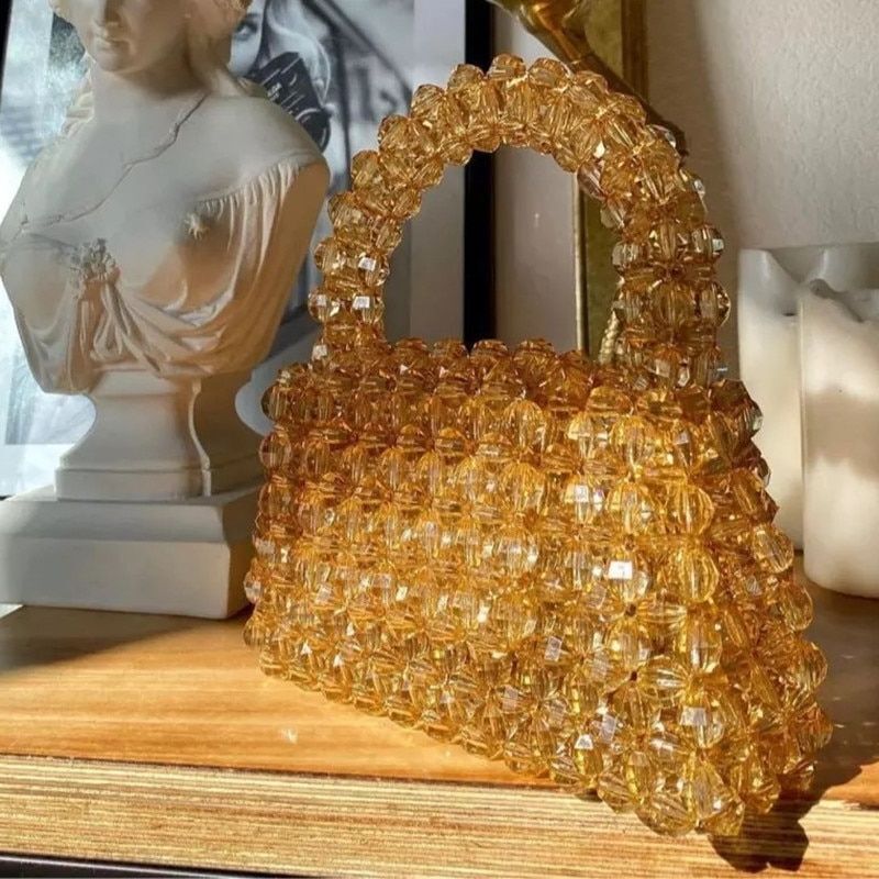 Pearl Bag Clear Acrylic Crystal Beaded Totes Handbag Women Handmade Small Bucket
