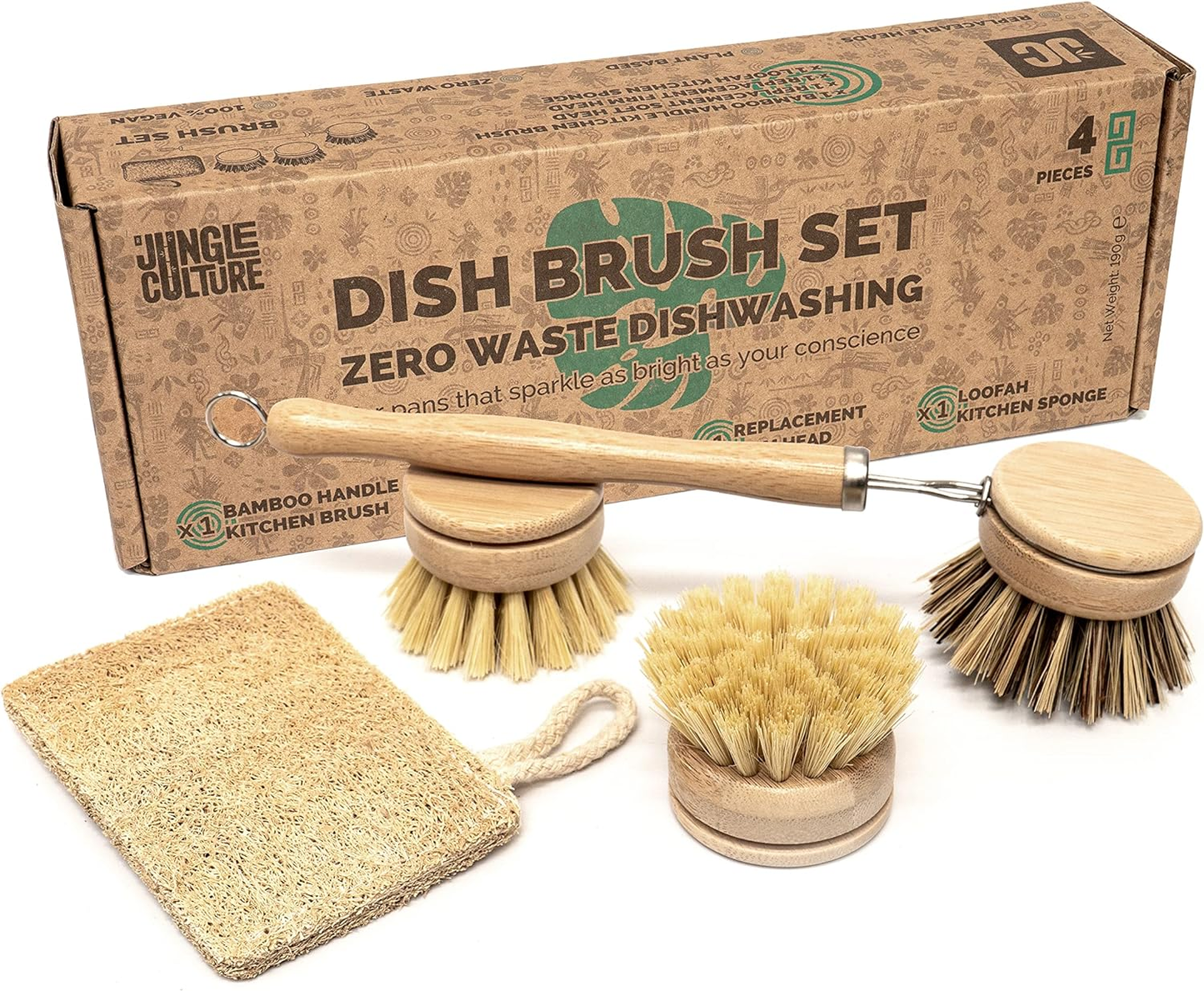 Bamboo Dish Brush Set for Washing Up with 3 Replacement Heads & Sponge Scourer