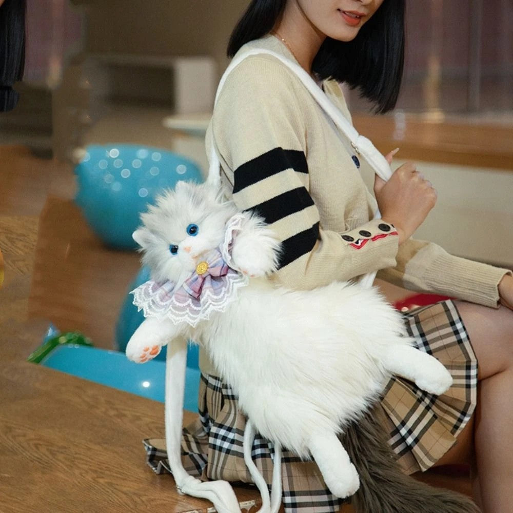 42cm Cute Cat Plush Backpack Women Kawaii Soft School Bag Designer Travel Purse