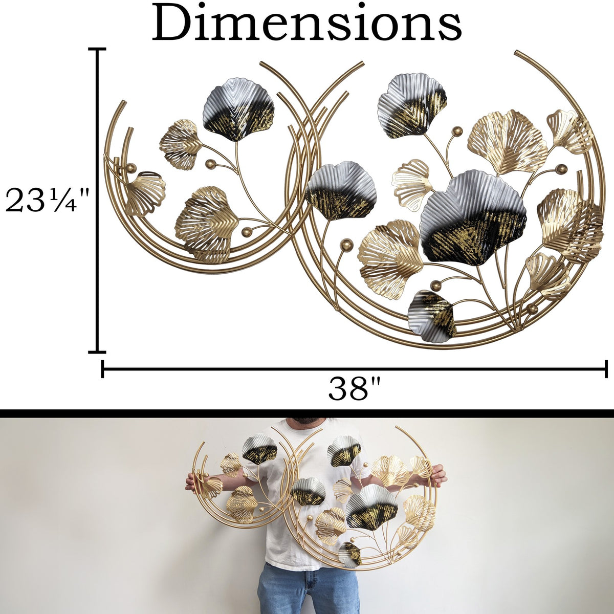 3-Foot Ginkgo Leaves in Gold Circles Hanging Iron 3D Wall Decoration (38" x 23")