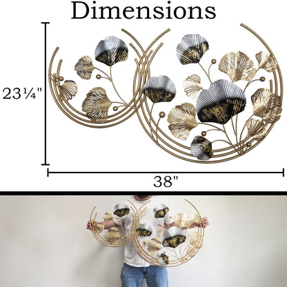 3-Foot Ginkgo Leaves in Gold Circles Hanging Iron 3D Wall Decoration (38" x 23")