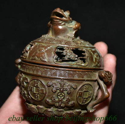 3.6" Marked Old Chinese Bronze Dynasty Frog Wealth incense burner Statue